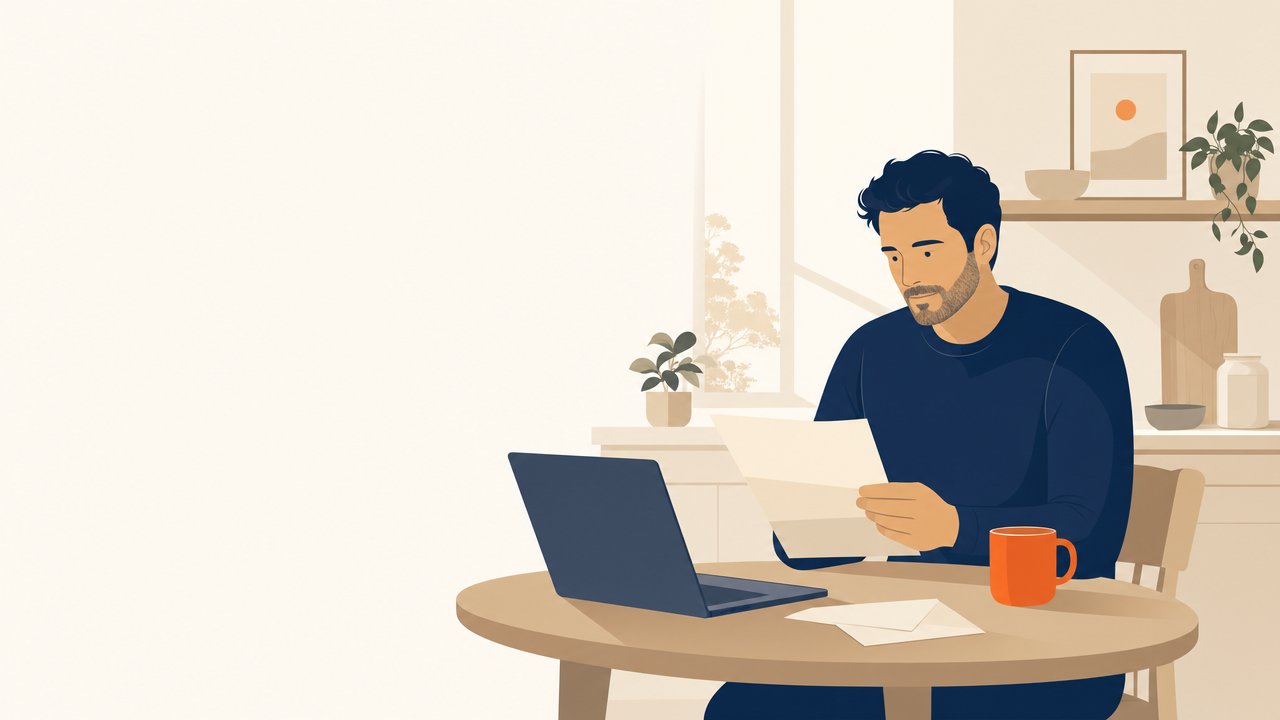 Flat illustration: a person reading a letter at a kitchen table with a laptop and orange mug
