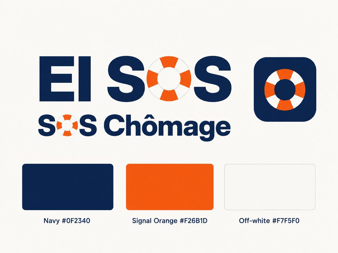 EI SOS logo sheet: wordmark with lifebuoy O, SOS Chômage lockup, app icon, swatches